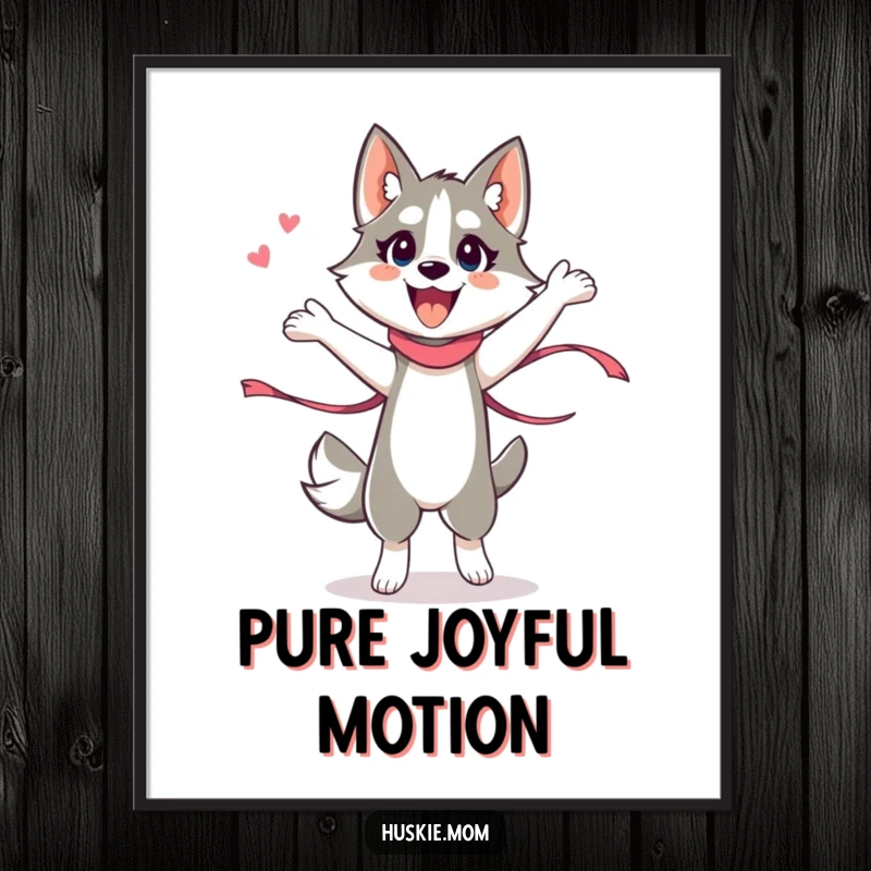 Funny Husky Lady Digital Art Print, high-quality humorous artwork of an energetic husky lady performing a silly dance with a ribbon.