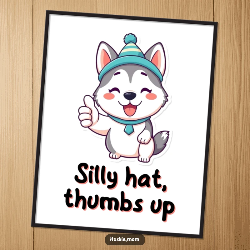 Funny Kawaii Husky Digital Art Print: A downloadable image of a cute Husky in a silly hat giving a thumbs up, perfect for charming decor.
