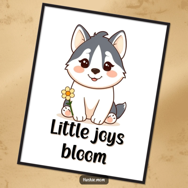 Funny Kawaii Husky Digital Art: A cute husky offers a small flower with a gentle, happy smile, creating a humorous printable.