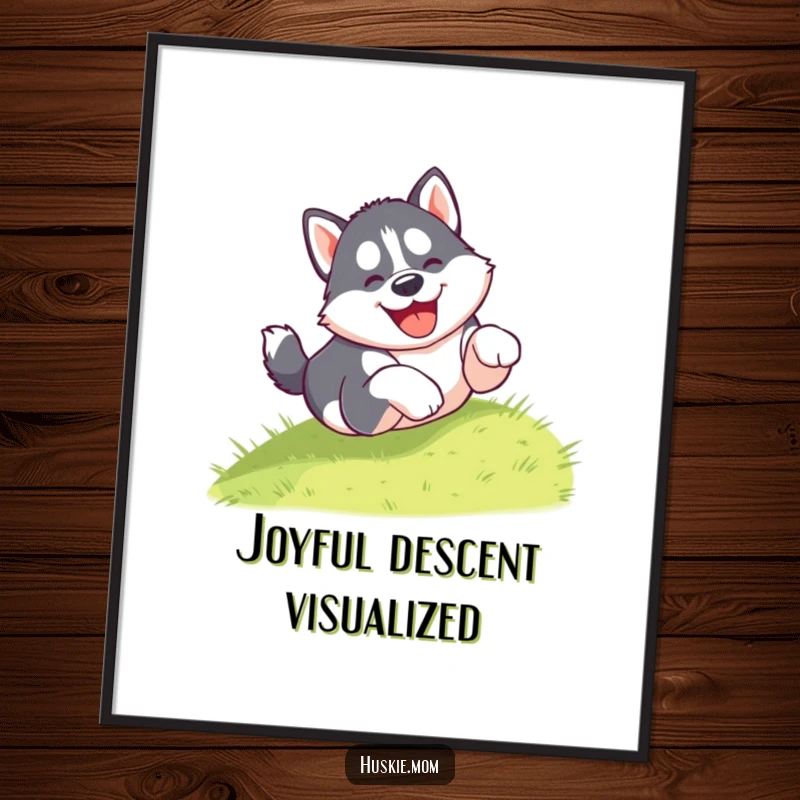 Funny digital art print of a gleeful husky puppy tumbling head over paws down a grassy hill, bringing laughter and adorable chaos.