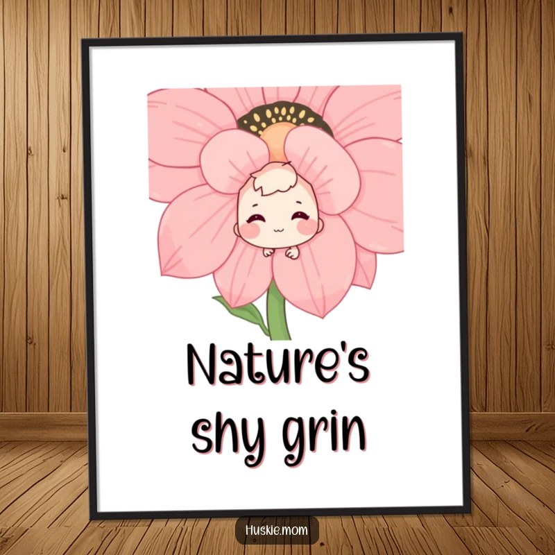 Funny digital art of a shy character peeking from behind a large flower, a bashful, happy grin capturing a moment of sweet, playful hiding.