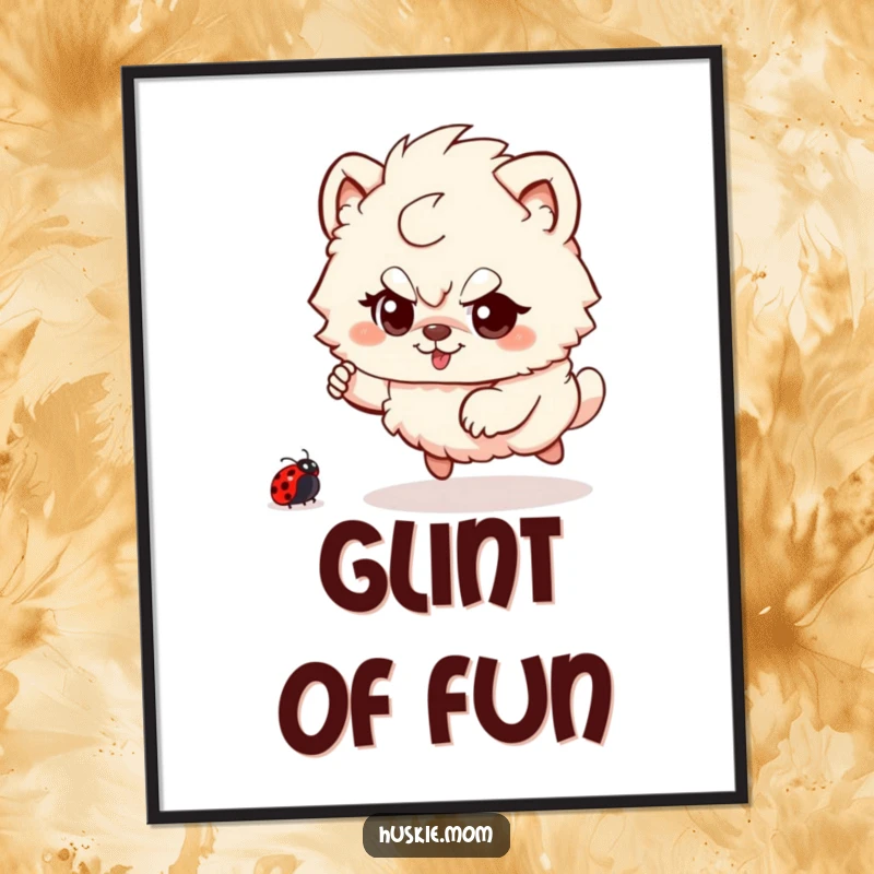 Funny Fluffy Animal Digital Art Print: High-resolution image of a fluffy creature with a mischievous glint, playfully chasing a ladybug.