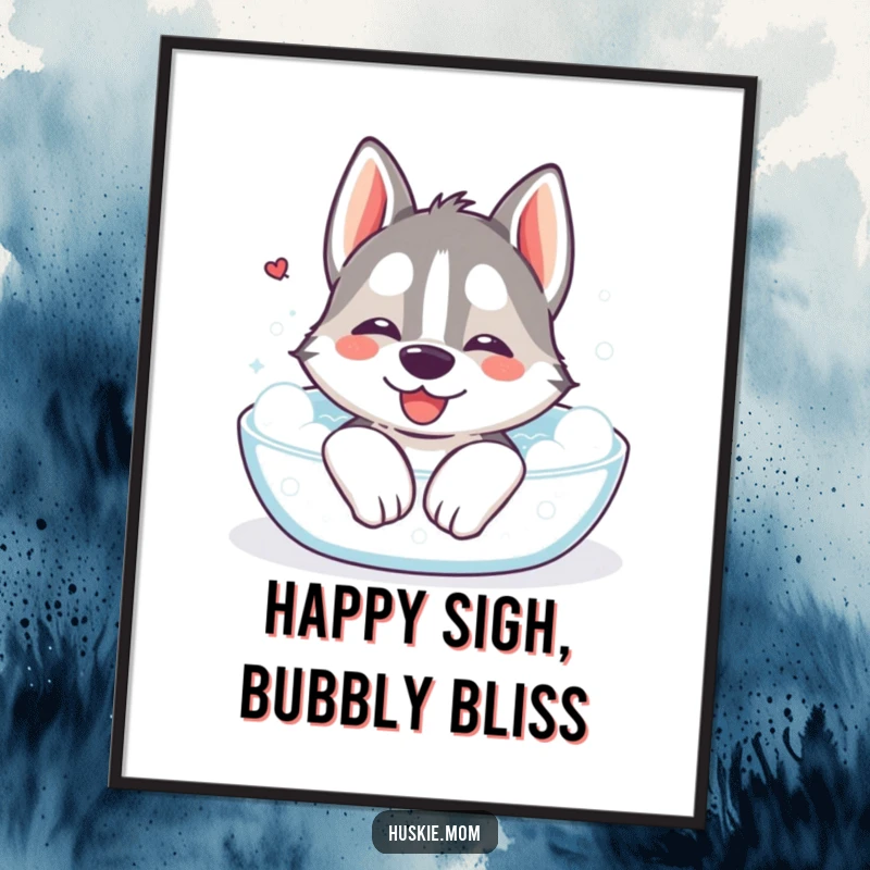 Funny Kawaii Husky Digital Art Print: A downloadable image of a cute Husky sighing happily in a bubble bath, perfect for serene decor.