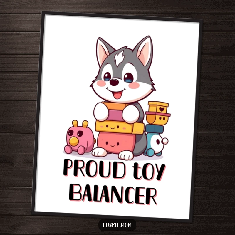 Funny Kawaii Husky Digital Art Print: A proud husky balances a precarious tower of colorful toys, full of personality.