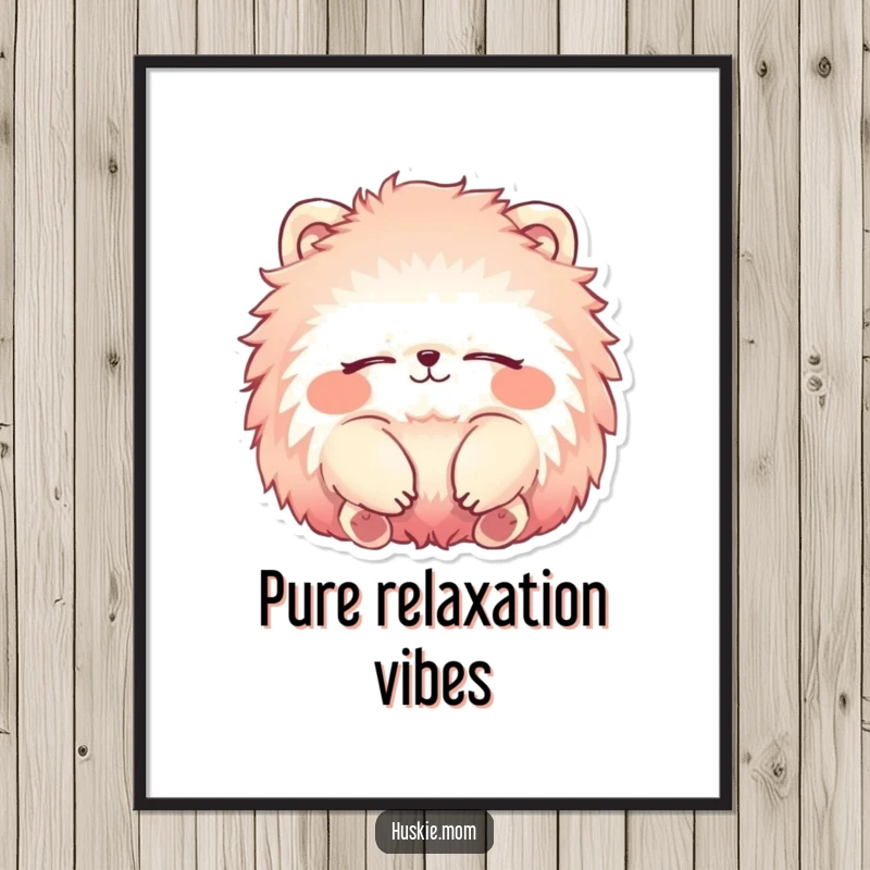 Funny Digital Art Print of a fluffy animal with vibrant fur, relaxing with eyes closed and a smile, offering calm humor.