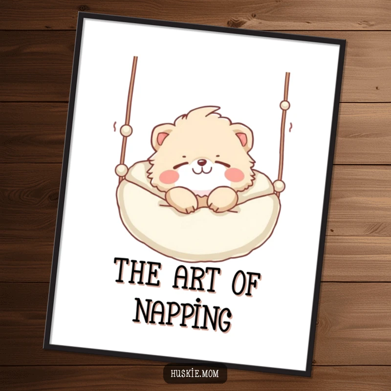 Funny Digital Art Print: A fluffy animal with a playful grin sleeping soundly in a suspended bed, perfect for tranquil decor.