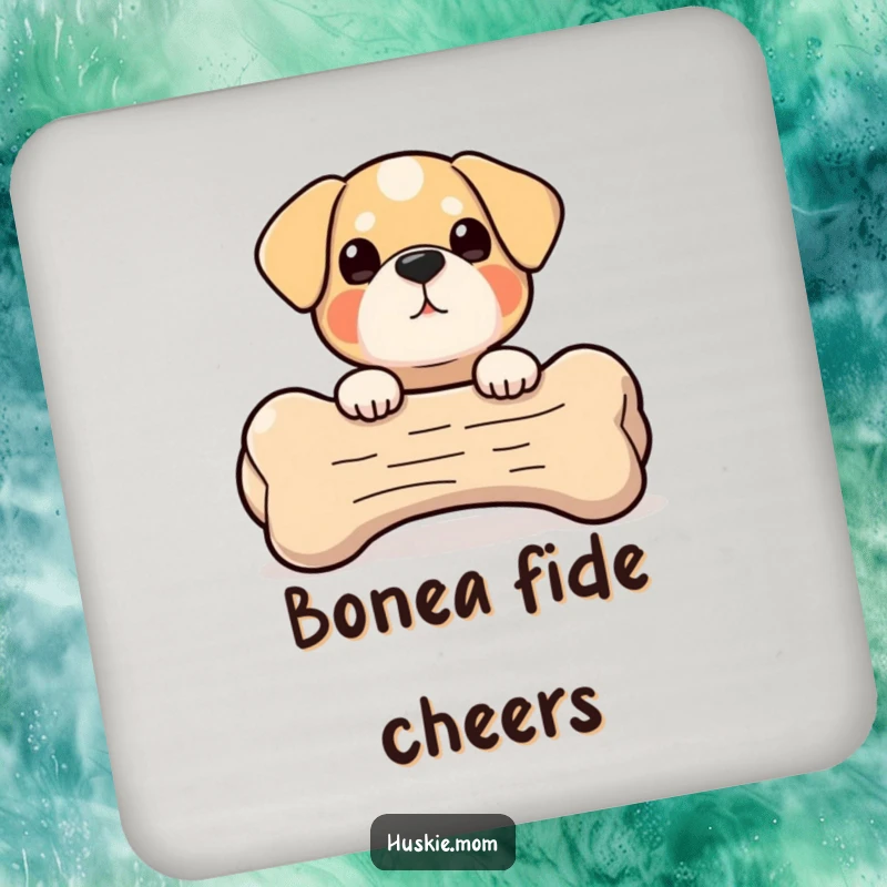 Peek-a-Boo Bone Dog Drink Coaster: A small, round dog peeks from behind a giant bone, a humorous coaster for drink protection.