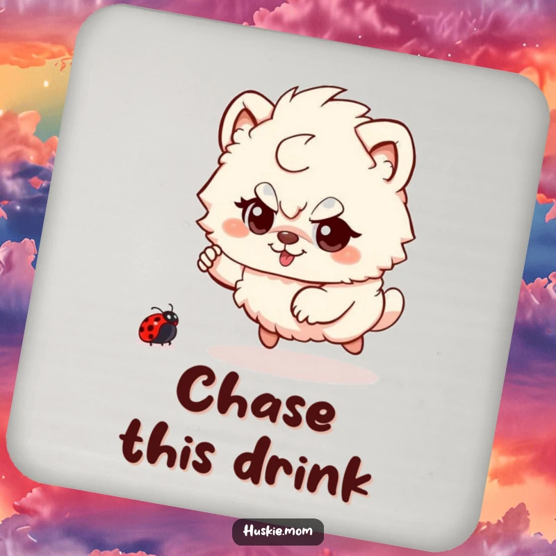 Funny Fluffy Animal Coaster: A fluffy creature playfully chasing a ladybug, adding whimsical humor while protecting surfaces.