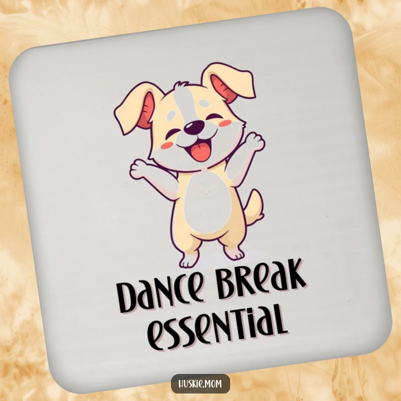 Funny dog dancing drink coaster, showing a happy dog wiggling with floppy ears, protecting surfaces with humor.