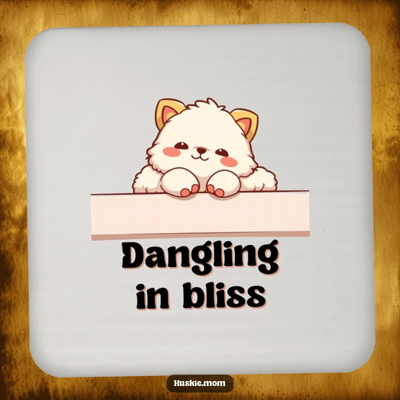 Funny drink coaster showing a fluffy animal in a relaxed lounging position, paws dangling humorously over the edge.