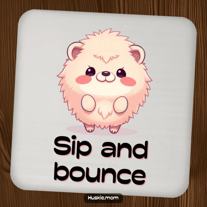 Funny drink coaster featuring a fluffy animal captured in a happy bounce, designed to protect surfaces with humor.