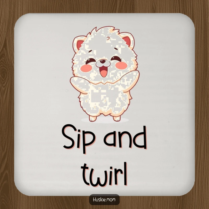 Funny drink coaster showing a delighted fluffy animal dancing playfully, designed to protect surfaces with humor.