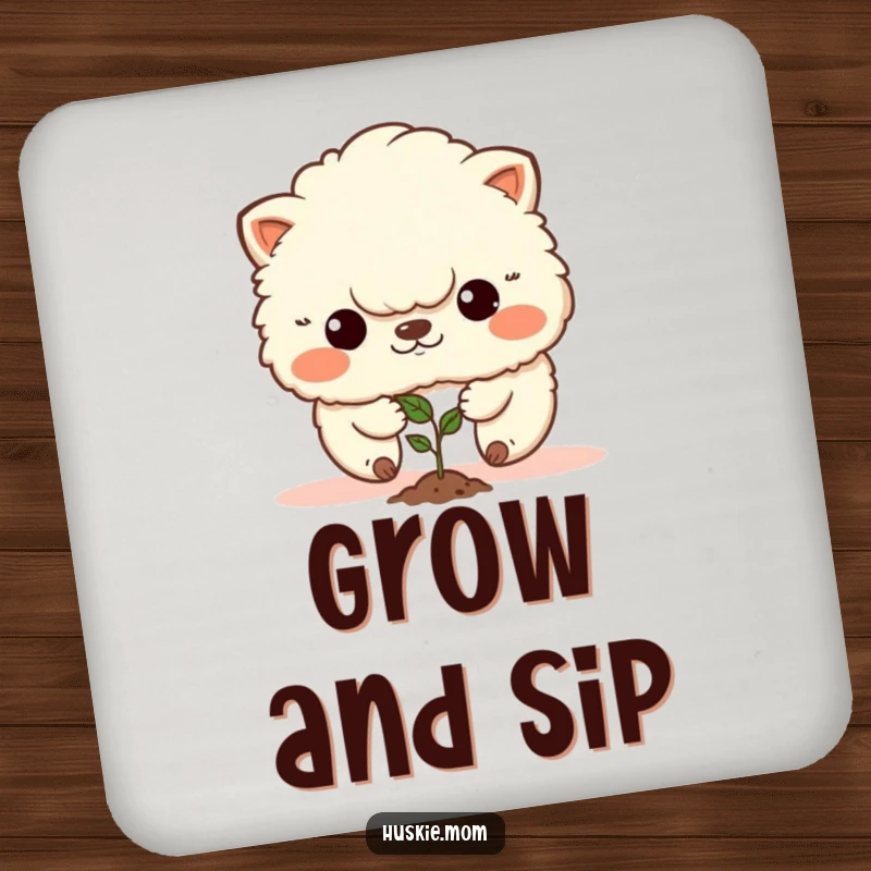 Funny drink coaster showing a determined fluffy animal planting a seed, designed for protection with a humorous touch.