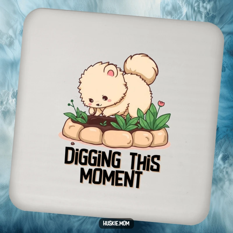 Funny fluffy animal with a bushy tail digging in a garden bed on drink coasters, protecting surfaces with garden humor, an ideal funny gift.