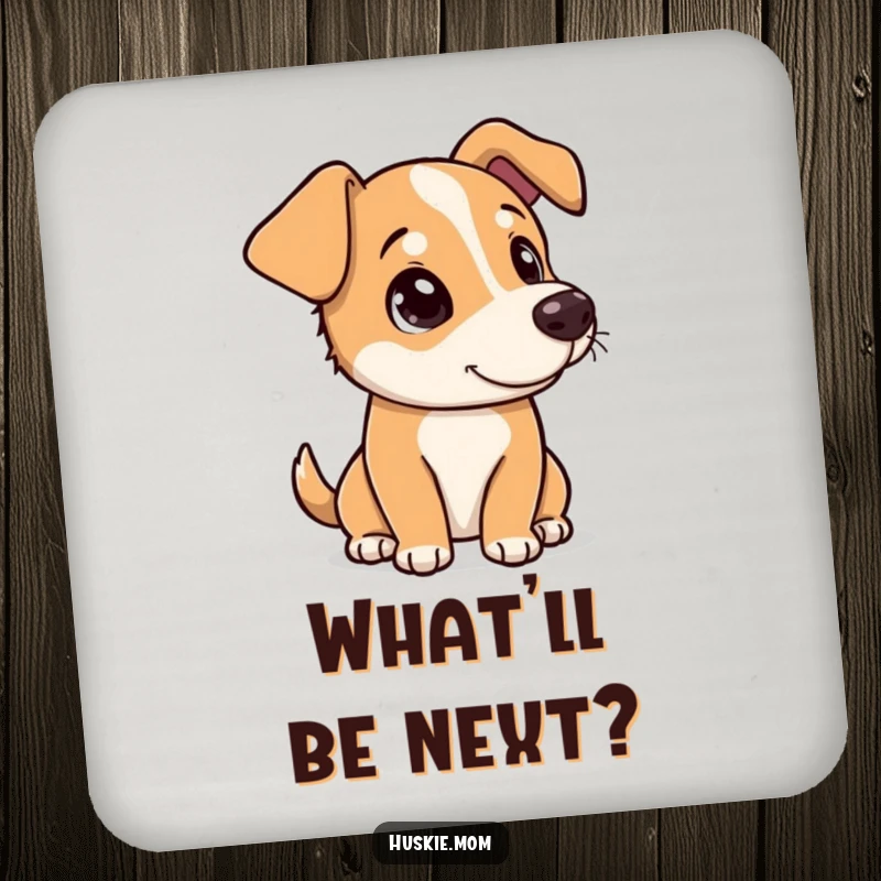 Funny dog tipping its head with a curious, playful look on a drink coaster, adding charm to tabletops.
