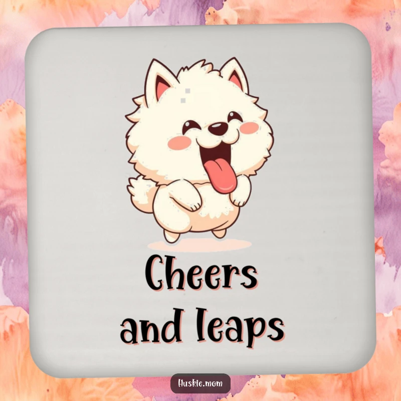 Funny drink coaster with a fluffy animal joyfully leaping with its tongue out and a happy bark, adding energetic humor.