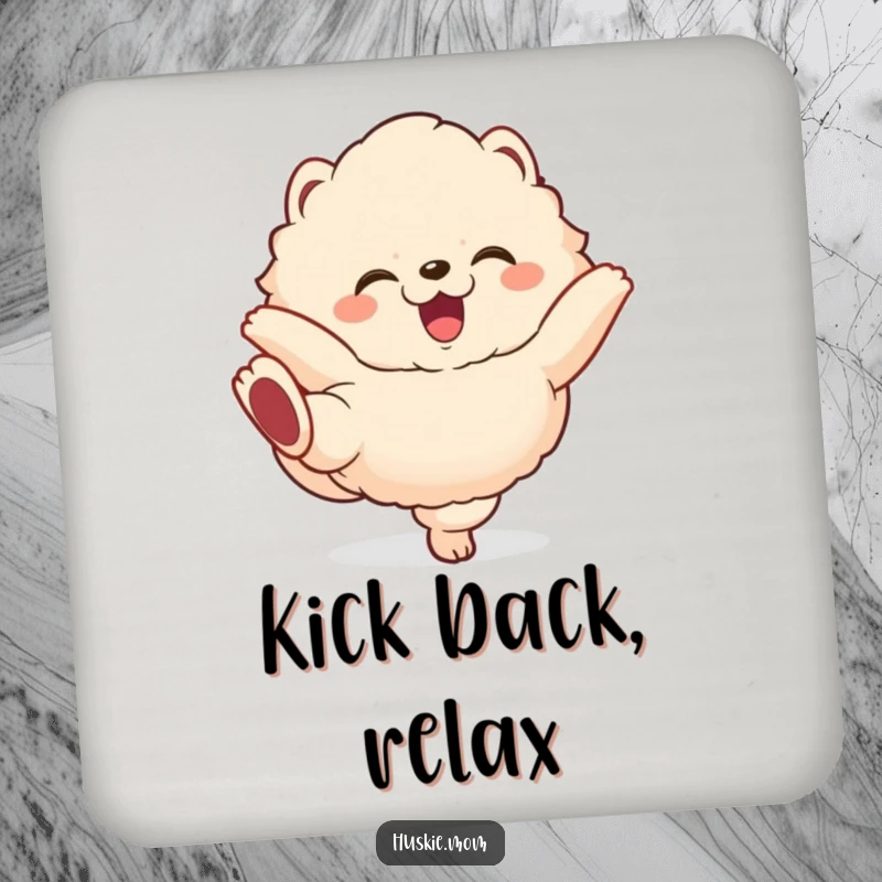 Funny fluffy animal coaster featuring a creature with a gleeful expression, happily kicking its legs, protecting surfaces with humor.