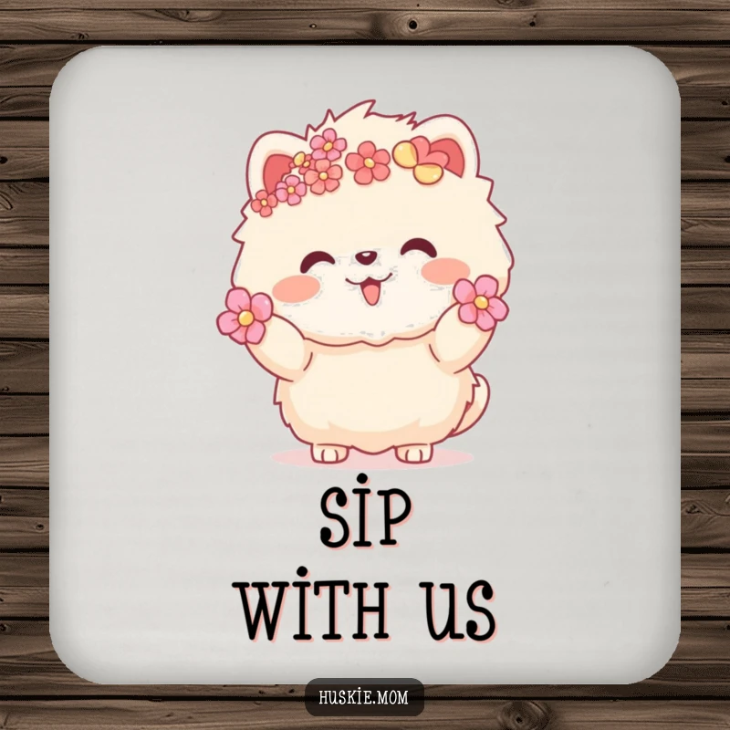 Funny fluffy animal with flowers in fur, warm inviting gesture, cute drink coaster, protects furniture, floral design.