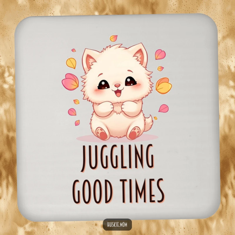 Funny drink coaster showing a fluffy animal with happy eyes, juggling colorful petals with its paws, adding a whimsical touch.
