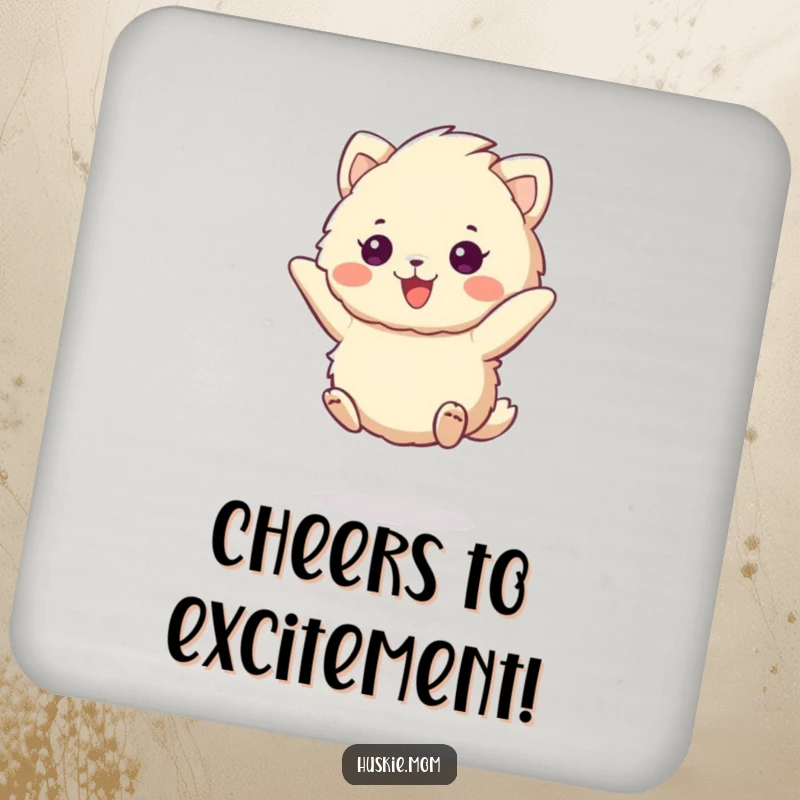 Funny fluffy animal coaster jumping with a cheerful expression, protecting furniture with a dose of energetic fun.