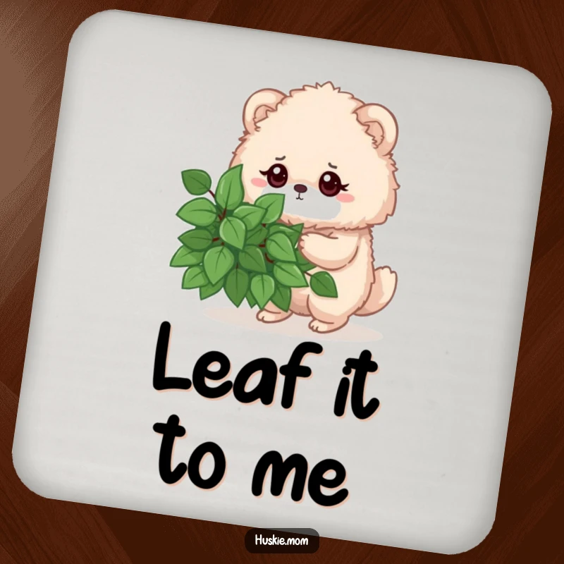 Funny drink coaster with a fluffy animal determinedly pruning a leafy bush, adding humor and protection to surfaces.