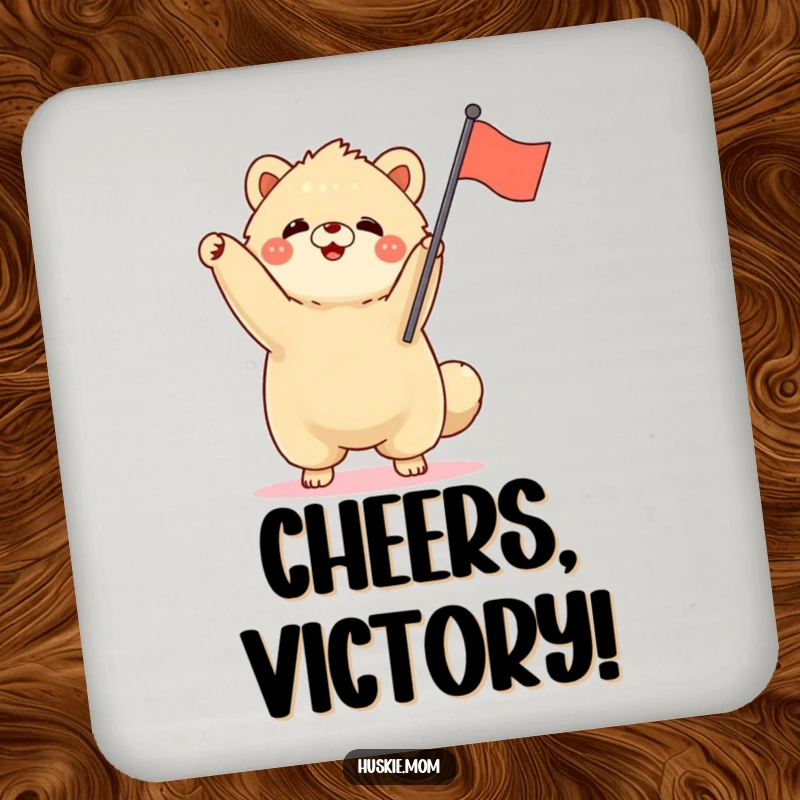 Funny fluffy animal standing tall, waving a small flag, spirited drink coaster, rally decor, protective accessory.