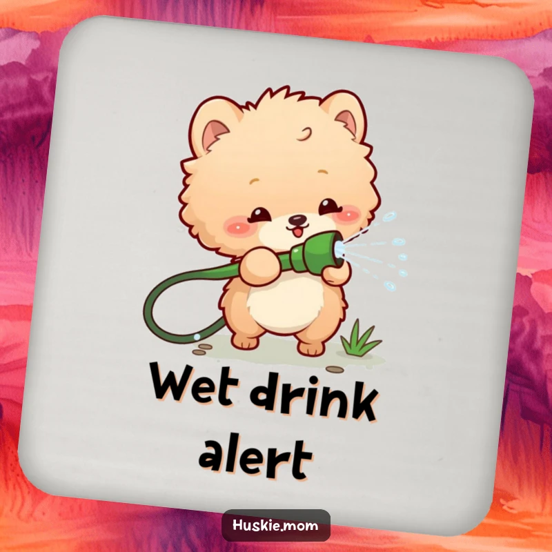 Funny drink coaster featuring a fluffy animal playfully spraying water from a garden hose, perfect for adding humorous protection.
