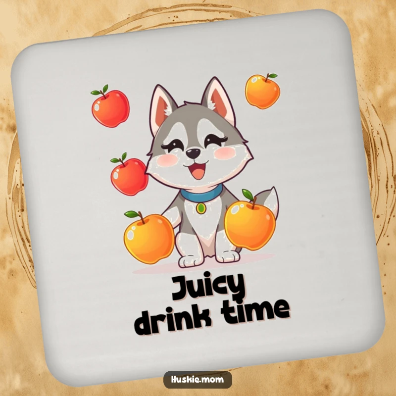 Funny drink coaster featuring a Husky lady animal comically attempting to juggle three shiny apples.