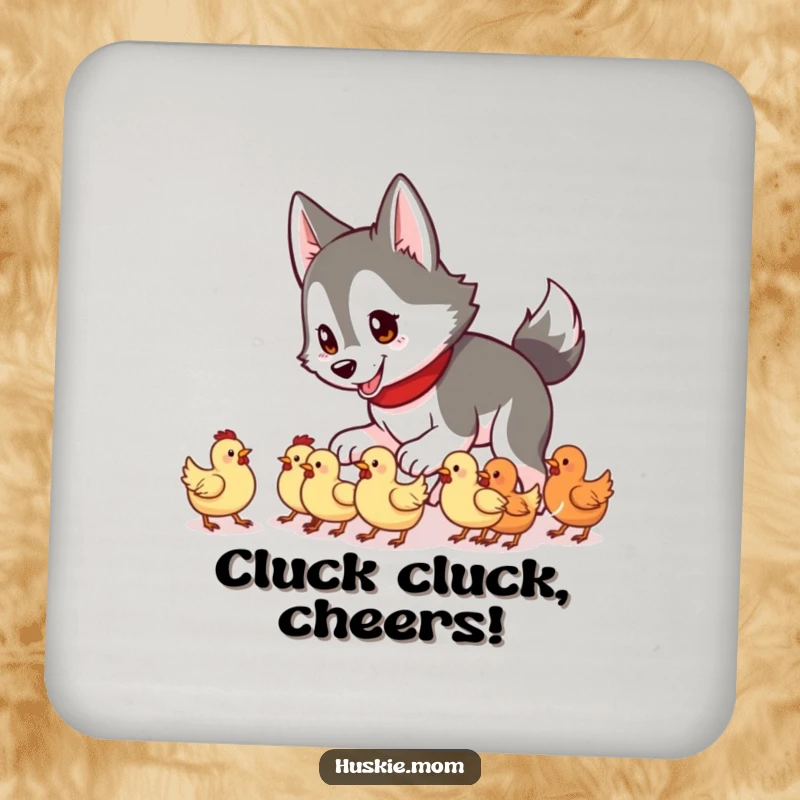 Funny Husky Lady Coaster featuring a husky playfully herding tiny chickens, a humorous farm accessory.