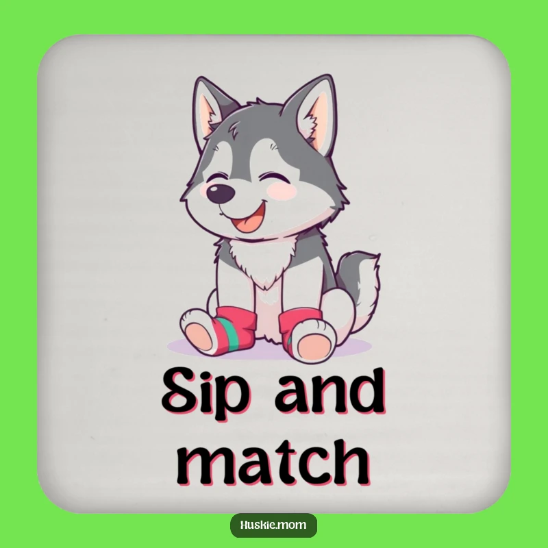 Funny Husky Lady Sock Coaster: Giggling, Mismatched Colors, Fun Surface