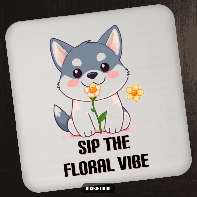 Funny Kawaii Husky Coaster: Decorative coaster with a husky and flower, protecting surfaces with humor, perfect funny gift.