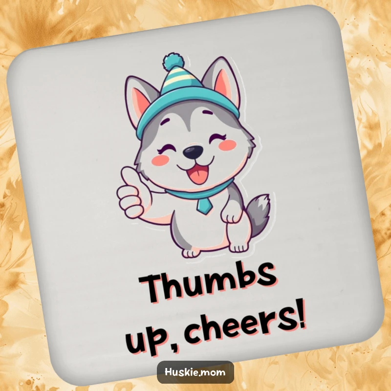 Funny Kawaii Husky Coasters: A set featuring a cute Husky in a funny hat, giving a thumbs up, protecting surfaces with charm.