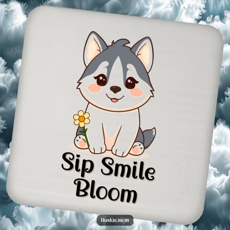 Funny Kawaii Husky Coasters: Cute husky offers a flower with a happy smile, protecting surfaces with humor.