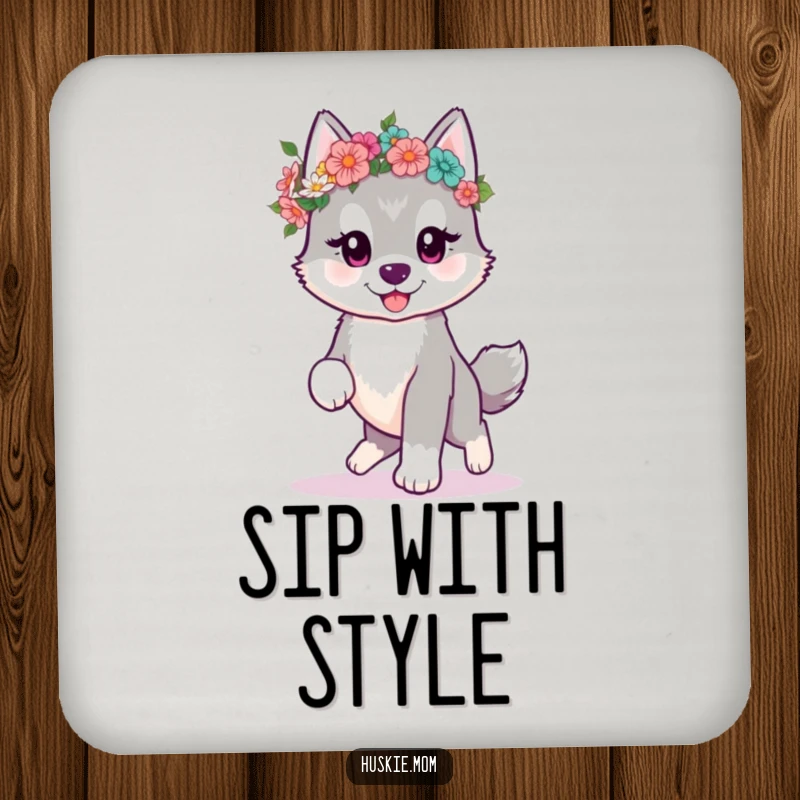 Funny kawaii husky puppy prancing with a flower crown on a drink coaster, adding sweet charm to tabletops.