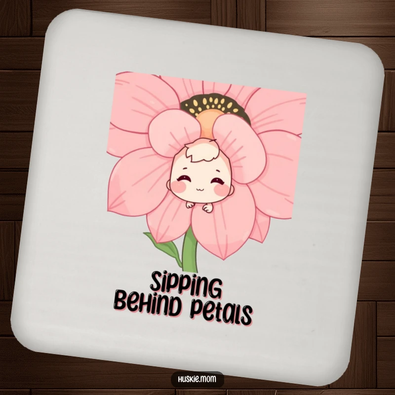Funny drink coaster set with a shy character peeking from behind a blossoming flower, a bashful grin adding subtle charm to tabletops.