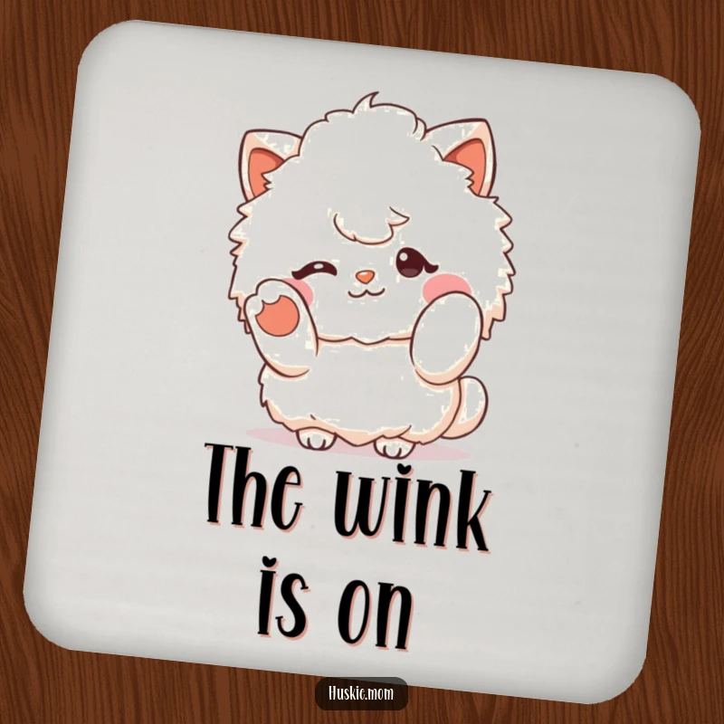 Funny fluffy character winking and gesturing with a paw, displayed on drink coasters for humorous and cute table decor.