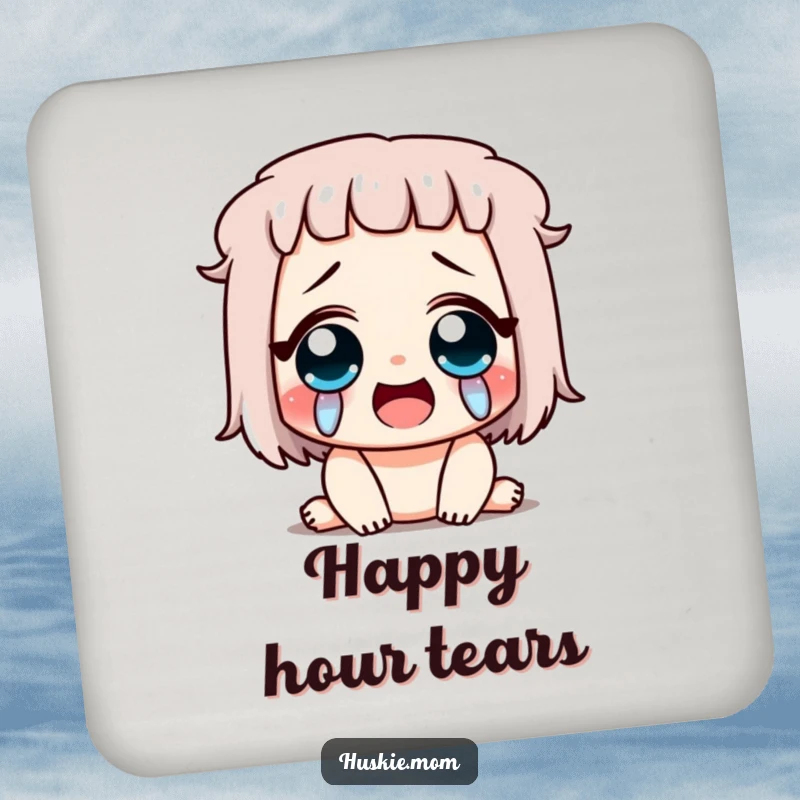 Funny drink coaster set showing a character crying tears of joy, eyes shut in laughter, bringing expressive charm to tabletops.