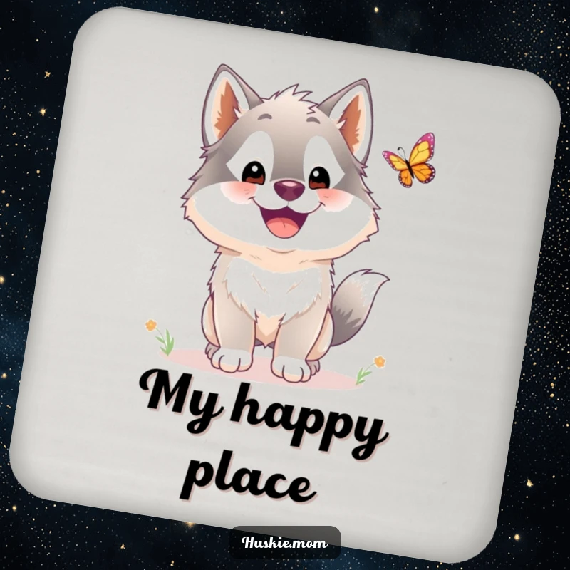 Funny Husky Coaster: A fluffy, smiling husky chases a butterfly, protecting your furniture with a dose of canine joy.