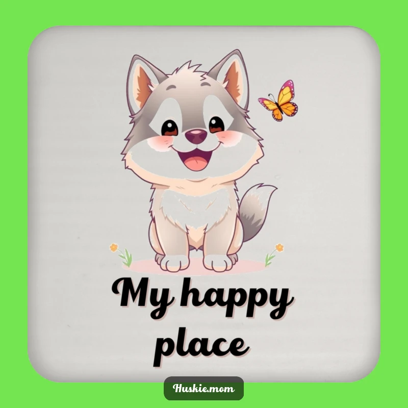 Funny Husky Butterfly Chase Drink Coaster: Cute Fluffy Dog Protector Funny Gift