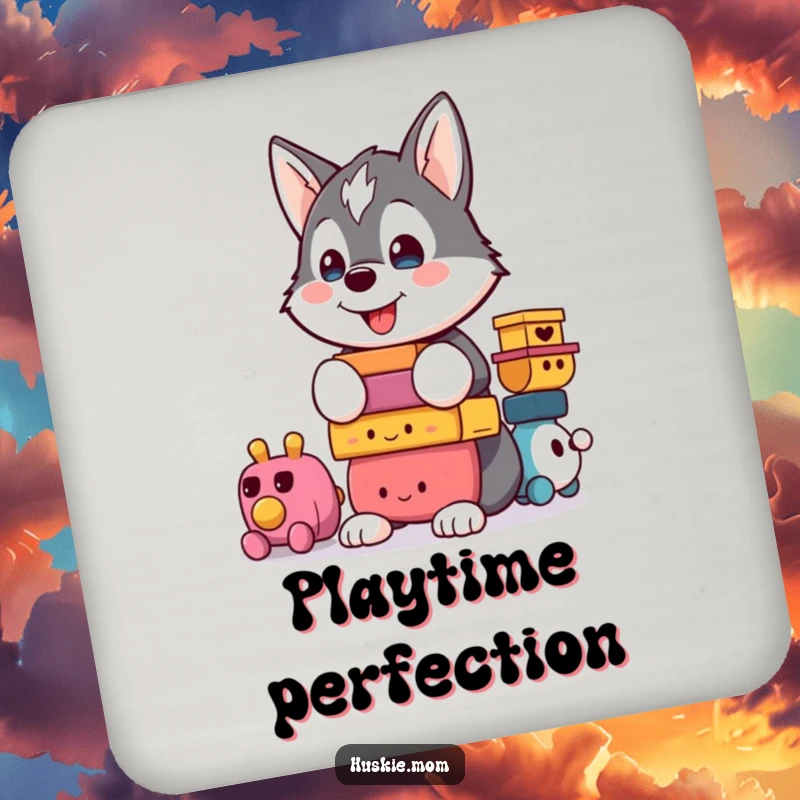 Funny Kawaii Husky Drink Coaster: A proud husky balances a drink, humorously showing off its stability.