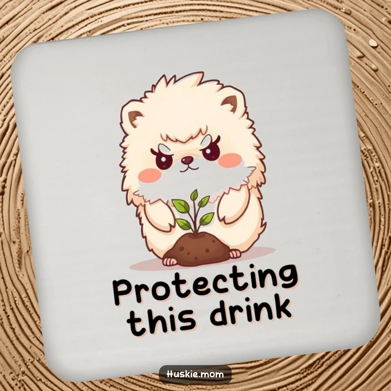 Funny Drink Coaster showing a determined fluffy animal guarding a seedling, adding a humorous and protective element.