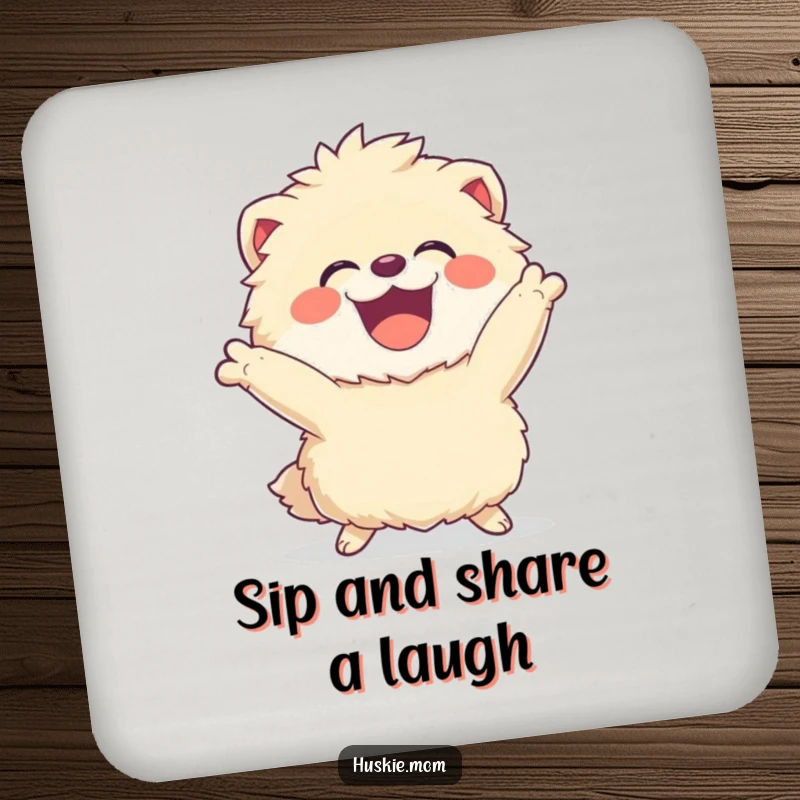 Funny Fluffy Animal Coaster: A joyous, laughing creature in a dynamic pose, perfect for surface protection with energetic humor.