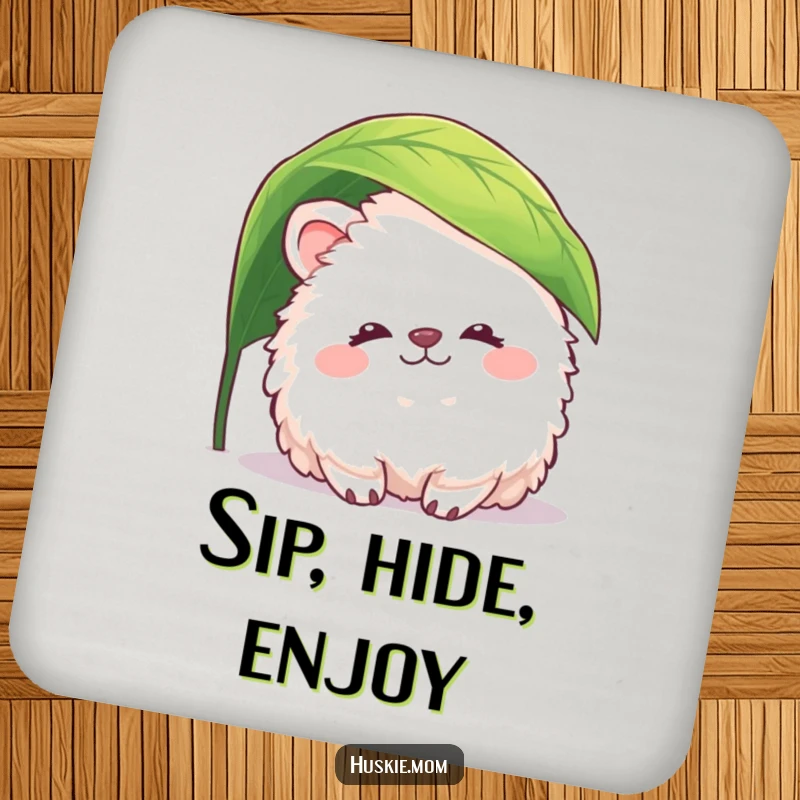 Funny fluffy animal coaster featuring a creature peacefully peeking from under a leaf, protecting surfaces with gentle humor.