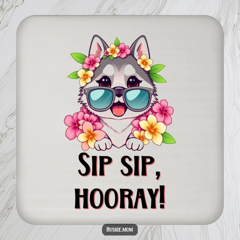 Funny Husky Lady Coaster with a husky wearing sunglasses and a lei, a humorous way to protect furniture.