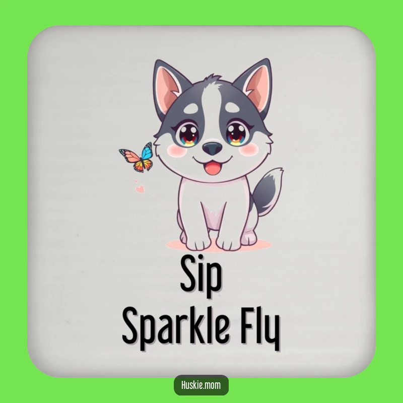 Funny Kawaii Husky Coaster Set: Butterfly Chase Protection!