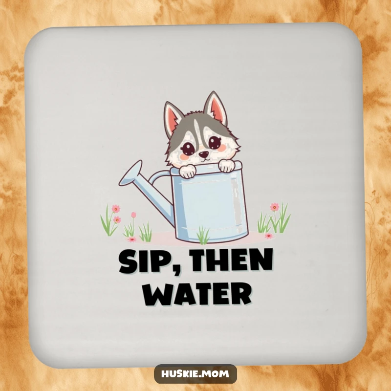 Funny Husky Lady Coaster, protecting surfaces with a cute husky peeking from behind a watering can, a humorous drink accessory.