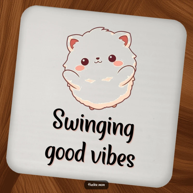 Funny drink coaster showing a fluffy animal with a beatific smile, gently swinging back and forth, adding a peaceful touch.
