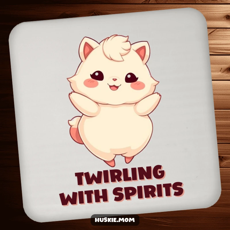 Funny drink coaster showing a fluffy animal with a bright smile, elegantly twirling, adding a dynamic and happy touch.