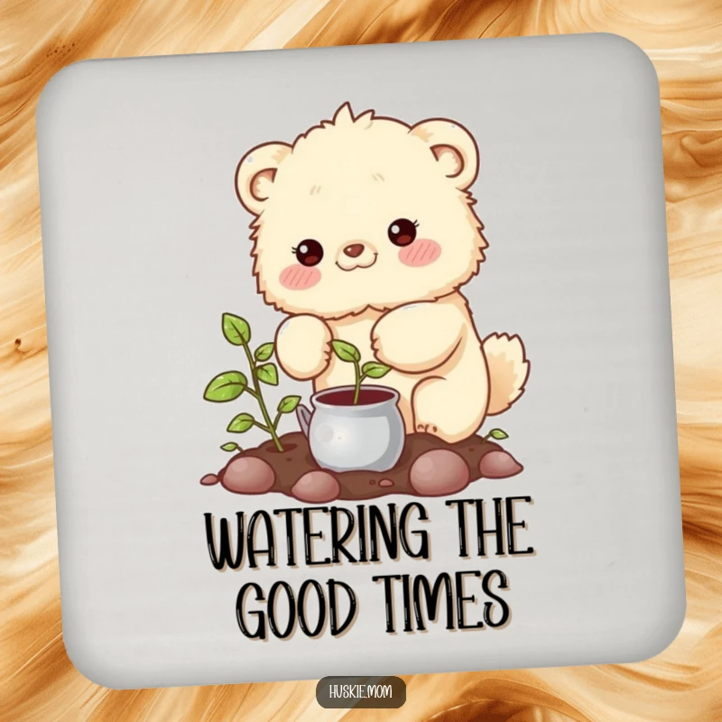 Funny Coaster: A fluffy animal with rosy cheeks gently watering a sprouting plant, protecting surfaces with care.