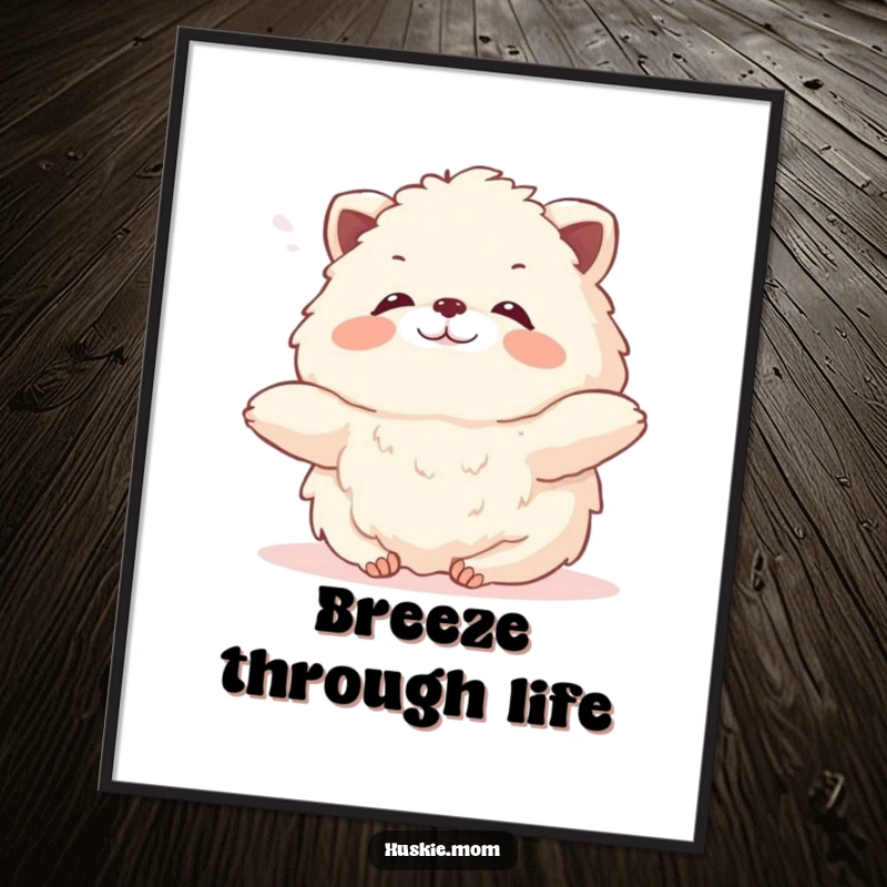 Funny Fluffy Animal Poster: An illustration of a contented, soft creature stretching blissfully in a warm breeze, exuding humor and peace.